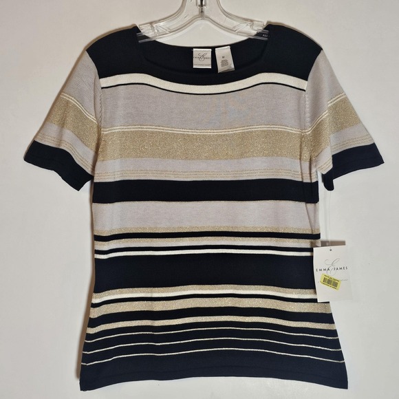 Emma James Sweaters - Emma James Sweater Womens Medium Black Gold Metallic Stripe Short Sleeve Knit‎